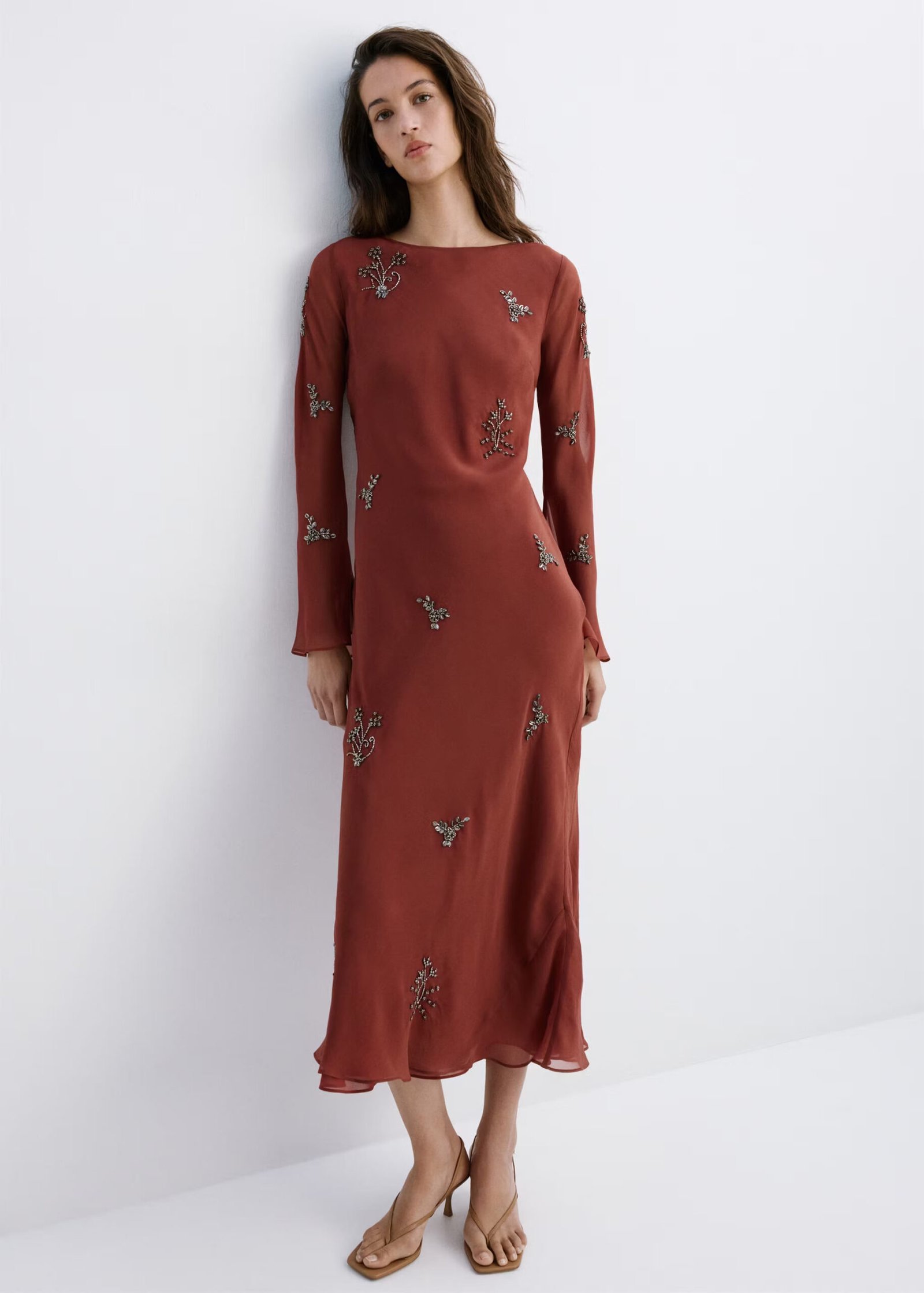 Embroidered crystal dress with flared sleeves